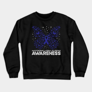 ALS Awareness Blue Ribbon Butterfly, Amyotrophic Lateral Sclerosis Awareness Crewneck Sweatshirt